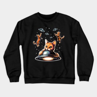 Cats feast on UFO's funny graphic -shirt of cats jumping high to catch UFos and eat them, for lovers of cats and Sci Fi Crewneck Sweatshirt